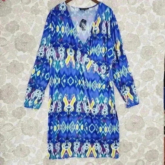 NWT Jones New York Wrap Aztec Long sleeve Midi Shift Dress 3X Unlined - Picture 1 of 9